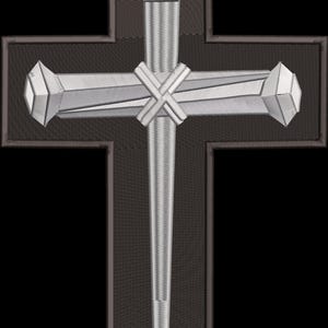May include: A silver metal cross with three nails, each with a diamond-shaped head, on a dark gray background.