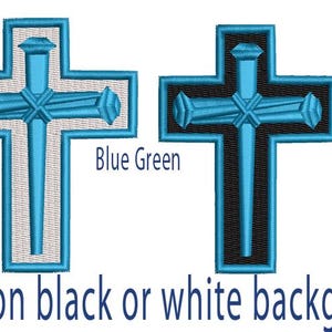 May include: Five different colored crosses with nails, each on a black or white background. The colors are dark green, blue green, dark gold, black, and white.  Sample colors on black or white background.