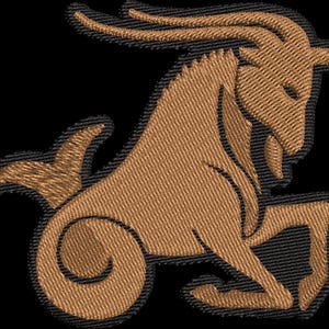 May include: Embroidered patch featuring the Capricorn zodiac symbol. The design depicts a goat with a fish tail in shades of brown and tan, outlined in black, set against a black background. The patch is likely for clothing or accessories.