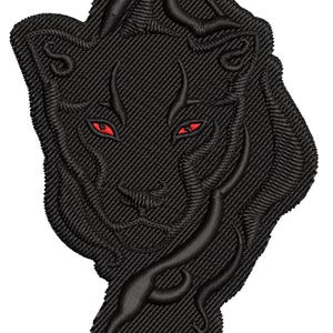 May include: Black embroidered patch of a tiger's face with red eyes. The tiger's face is detailed with intricate stitching and the eyes are a bright red.