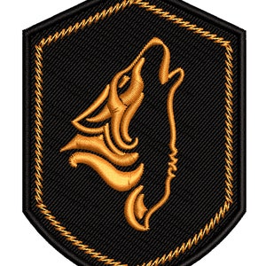 May include: A black embroidered patch with a gold outline in the shape of a shield. The shield features a stylized gold wolf howling at the moon.