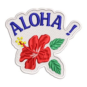 May include: White embroidered patch with the word "ALOHA!" in blue lettering and a red hibiscus flower with green leaves.