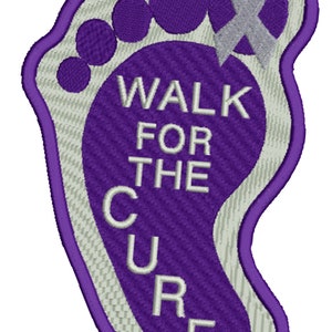 May include: Purple foot print with a silver ribbon and the text "WALK FOR THE CURE" in white.