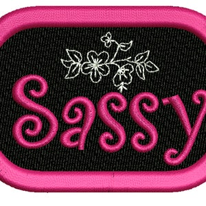 May include: Pink oval-shaped patch with a black background and white floral design. The word "Sassy" is embroidered in pink.