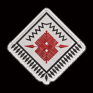 May include: A white diamond-shaped patch with a red embroidered design in the center. The design features a diamond shape with a smaller diamond inside. The patch has a black and white border with a zig-zag pattern.