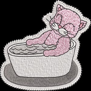 May include: Embroidered patch featuring a pink cat relaxing in a white bathtub filled with water. The cat has closed eyes and is surrounded by a white stitched border. The patch is on a black background.