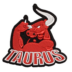 May include: Red embroidered patch with a cartoon bull with a white horn and the word "TAURUS" in white letters with a black outline.