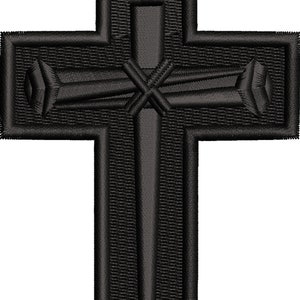 May include: Black embroidered cross with three nails, a traditional religious symbol.