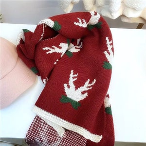 Christmas Reindeer Holiday Red Scarf Long Warm Soft Cotton Shawl Wrap Red