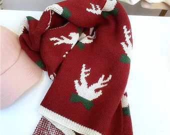 Christmas Reindeer Holiday Red Scarf Long Warm Soft Cotton Shawl Wrap