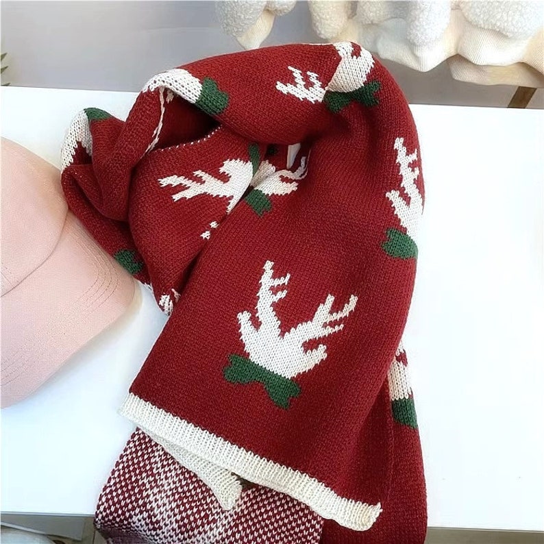 Christmas Reindeer Holiday Red Scarf Long Warm Soft Cotton Shawl Wrap Red