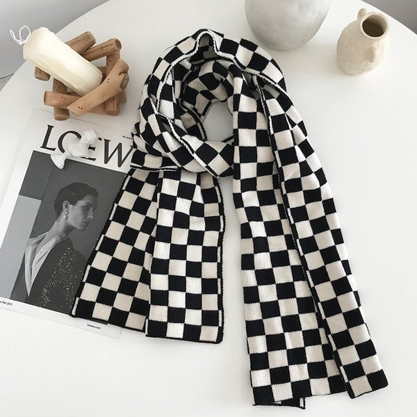 Black Beige White Checkerboard Scarf Shawl Wrap Long Warm Soft Cotton