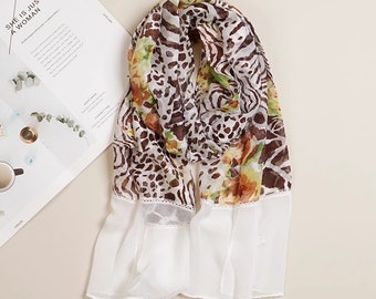 Zebra Floral Print Brown Scarf Shawl Wrap Long Light Soft Silk Feeling