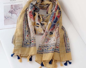 Yellow Hand Drawn Floral Scarf Shawl Wrap Long Light Soft Cotton Feeling Bohemia