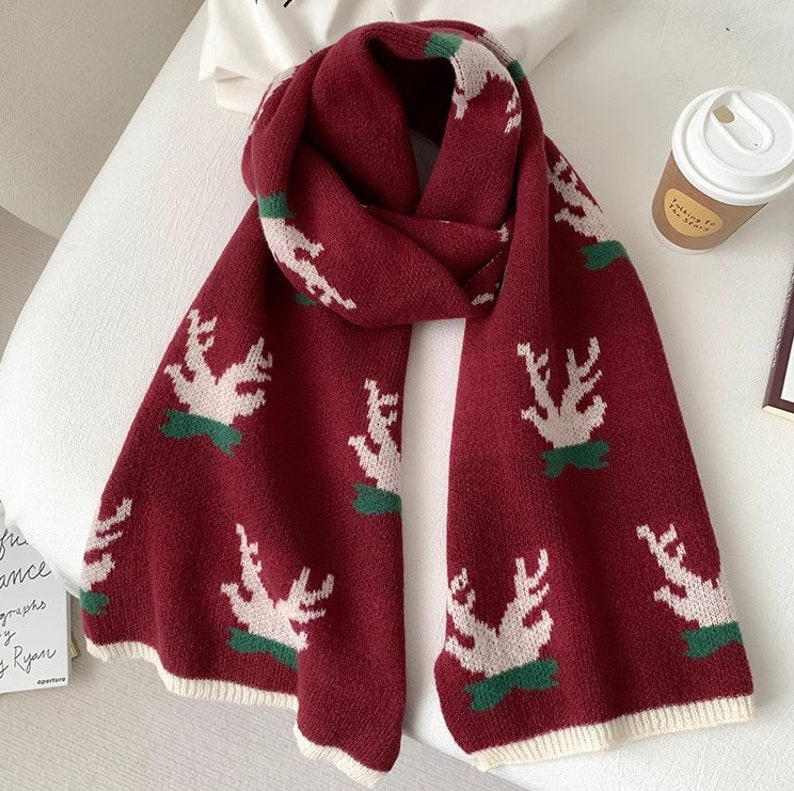 Christmas Reindeer Holiday Red Scarf Long Warm Soft Cotton Shawl Wrap image 5