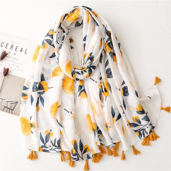 Fresh Fruit Orange Print Scarf Shawl Wrap Large Long Lightweight Soft Cotton Feeling