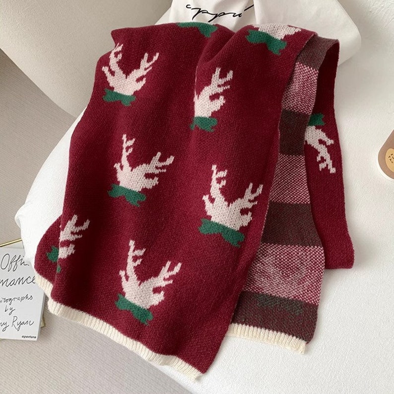 Christmas Reindeer Holiday Red Scarf Long Warm Soft Cotton Shawl Wrap image 4