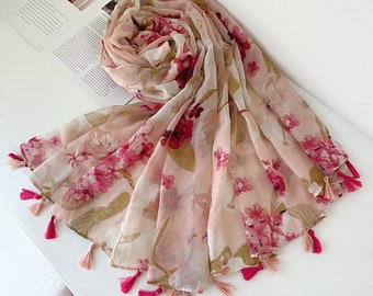 Red Large Floral Print Scarf Shawl Wrap Long Light Soft Cotton Feeling