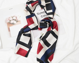 Red Blue Black Square Print Modern Scarf Long and Lightweight Silk Feeling Headband Handbag - 2 Styles