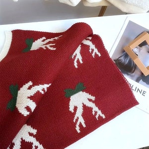 Christmas Reindeer Holiday Red Scarf Long Warm Soft Cotton Shawl Wrap image 2