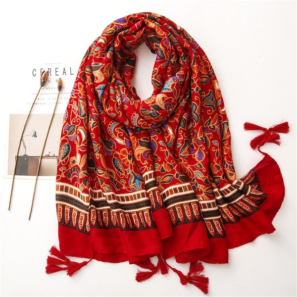 Red Floral Print Scarf Shawl Wrap Long Light Soft Cotton Feeling Bohemia