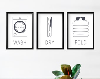 Posters ensemble de 3 symboles de linge gris | Digital Download | Wash, Dry, Fold, Laundry Room