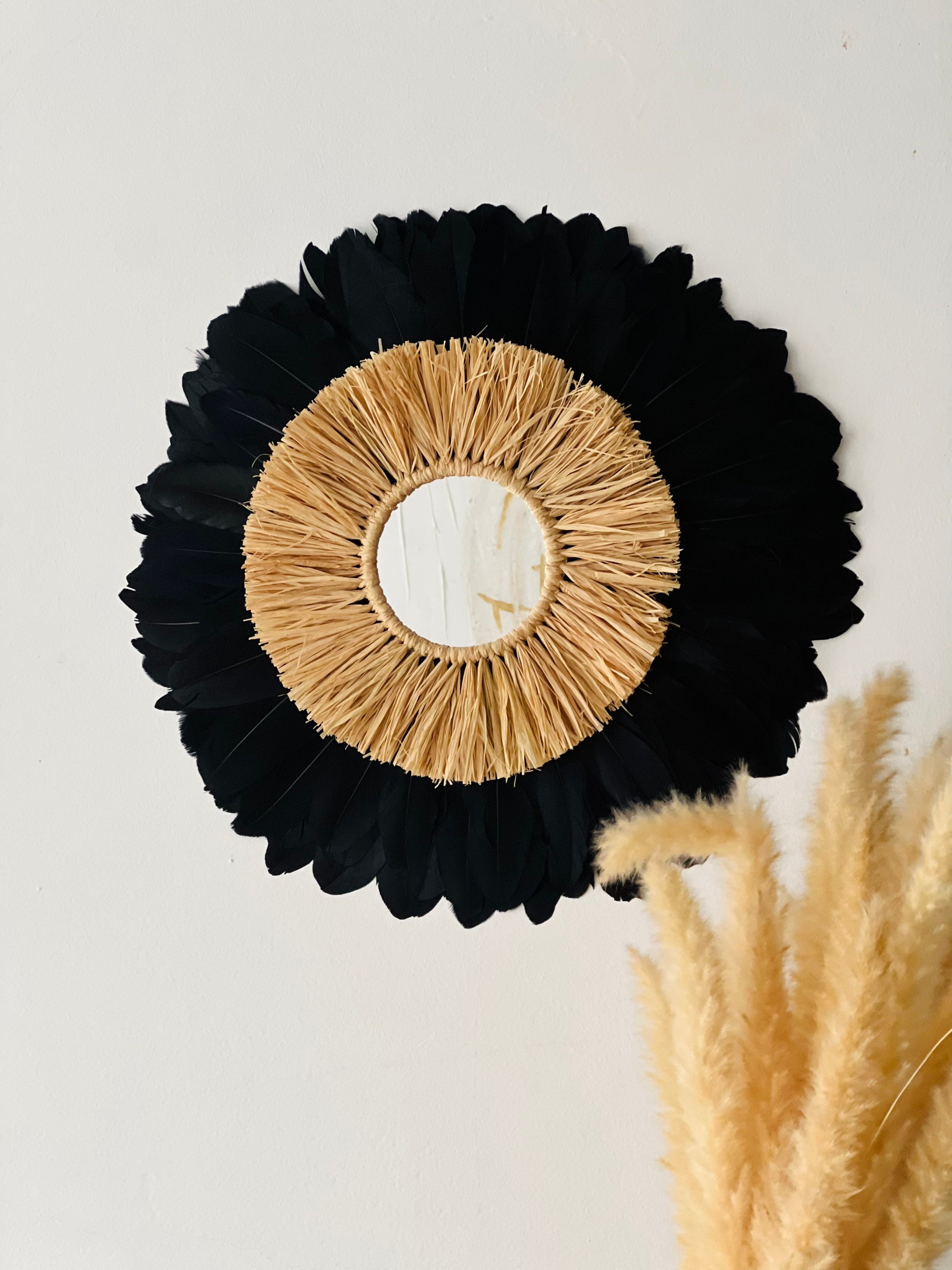 Juju Hat en Plumes d'oie Noir et Son Miroir Raphia Diamètre Total 40cm