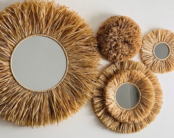 Set of 4 natural raffia wall decorations Raffia mirror and raffia ball