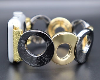 Handgemaakte zwart gouden kleuren Apple Samsung Fitbit horlogeband, aangepast formaat band 38 mm 40 mm 42 mm 44 mm.  Fitbit Versa 1-2, elastische band