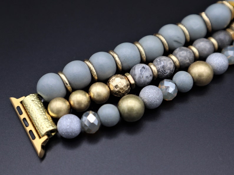 Handmade Crystals Landscape Wood Chunky Gold Beads Apple Samsung Fitbit Watchband, Samsung 4, Active 40mm 44mm. Versa 1-2-3, Stretchy band image 5