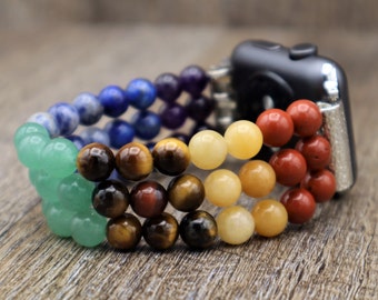 Handmade Seven Chakras Apple Samsung Fitbit Watchband, Custom size Apple All series Samsung 8 7 6 5 4. Fitbit Versa 4 3 2 1, Elastic band