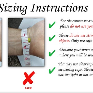 May include: Image showing the correct and incorrect way to measure your wrist for a watch band. The correct way is to use a soft measuring tape and measure around the wrist where the band will be worn. The incorrect way is to use a watch or string to measure the wrist.