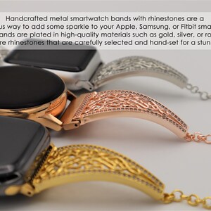 May include: Three metal smartwatch bands with rhinestones. The bands are in gold, rose gold, and silver. Each band has a delicate, intricate design and features a chain link closure.