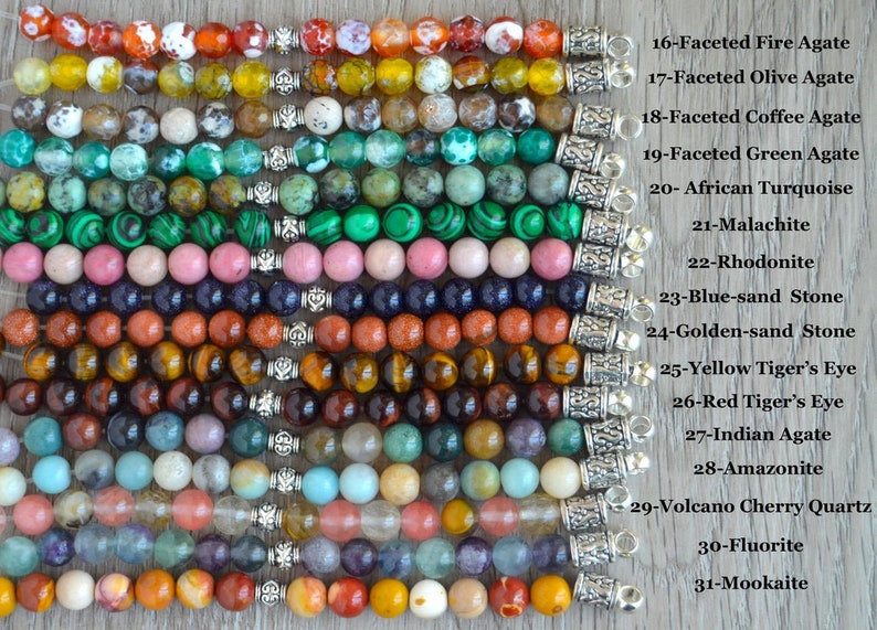 May include: A close-up of 15 strands of gemstone beads, each with a silver clasp. The beads are arranged in rows, with each row representing a different type of gemstone. The gemstones include fire agate, olive agate, coffee agate, green agate, African turquoise, malachite, rhodonite, blue-sand stone, golden-sand stone, yellow tiger's eye, red tiger's eye, Indian agate, amazonite, volcano cherry quartz, fluorite, and mookaite.