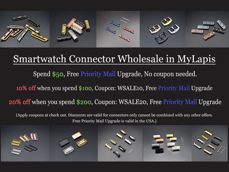 Puede incluir: Surtido de conectores para smartwatch en varios colores y estilos, incluyendo plata, oro, negro y oro rosa. La imagen incluye texto sobre descuentos y actualizaciones de env&iacute;o prioritario gratuito para pedidos superiores a $50, $100 y $200.