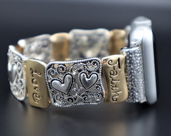 Handmade Silver Gold Inspirational Apple Samsung Fitbit Watchband, Custom size Band 38mm 40mm 42mm 44mm.  Fitbit Versa 1-2, Stretchy band