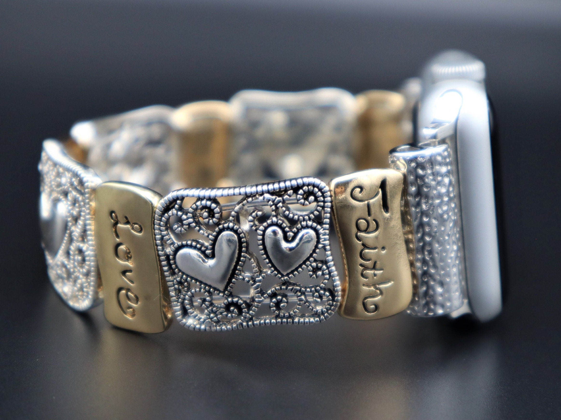 Handgefertigtes Silber Gold Inspirational Apple Samsung Fitbit Armband, benutzerdefinierte Größe Band 38 mm 40 mm 42 mm 44 mm.  Fitbit Versa 1-2, Dehnbares Band