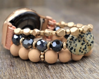 Handmade Crystals Dalmatian Jasper Gemstones Wood Beads Apple Samsung Fitbit Google Pixel Watchband Custom Band Fitbit Versa 1 2 3 4 Sense 2
