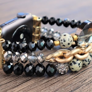 Correa de reloj Apple Samsung Fitbit de oro dálmata con cristales negros hechos a mano, banda de tamaño personalizado 38 mm 40 mm 42 mm 44 mm. Fitbit Versa 1-2, banda elástica
