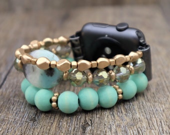 Handmade Crystals Turquoise Gemstones Wood Beads Apple Samsung Fitbit Google Pixel Watchband Custom Band Fitbit Versa 1 2 3 4 Sense 2