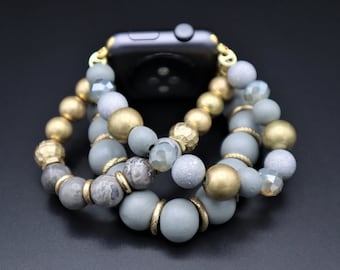 Handgefertigte Kristalle Landschaft Holz Chunky Gold Perlen Apple Samsung Fitbit Uhrenarmband, Samsung 4, Active 40mm 44mm. Versa 1-2-3, Dehnbares Band
