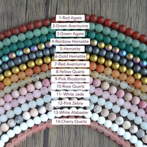 May include: A collection of 14 different types of beads, each with a unique colour and texture. The beads are arranged in a semi-circle, with the names of each type of bead listed above them. The beads are all approximately the same size and shape, and they are all made of natural materials.