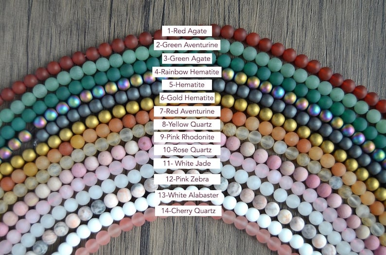 May include: A collection of 14 different types of beads, each with a unique colour and texture. The beads are arranged in a semi-circle, with the names of each type of bead listed above them. The beads are all approximately the same size and shape, and they are all made of natural materials.