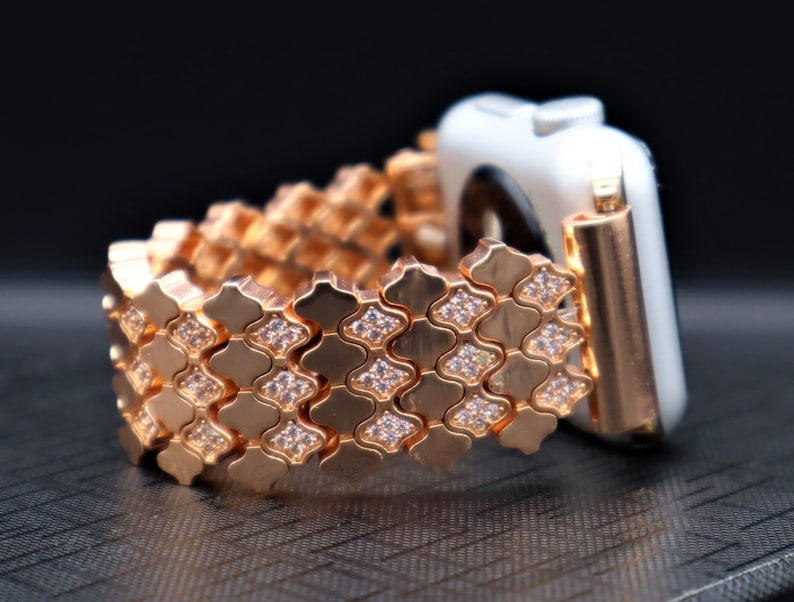 Handmade Rose Gold Apple Samsung Fitbit Rhinestone Jewelry Elastic Cord Apple Watch all series Samsung Watch 3 4 5 6 7 series, Versa 3 2 image 1