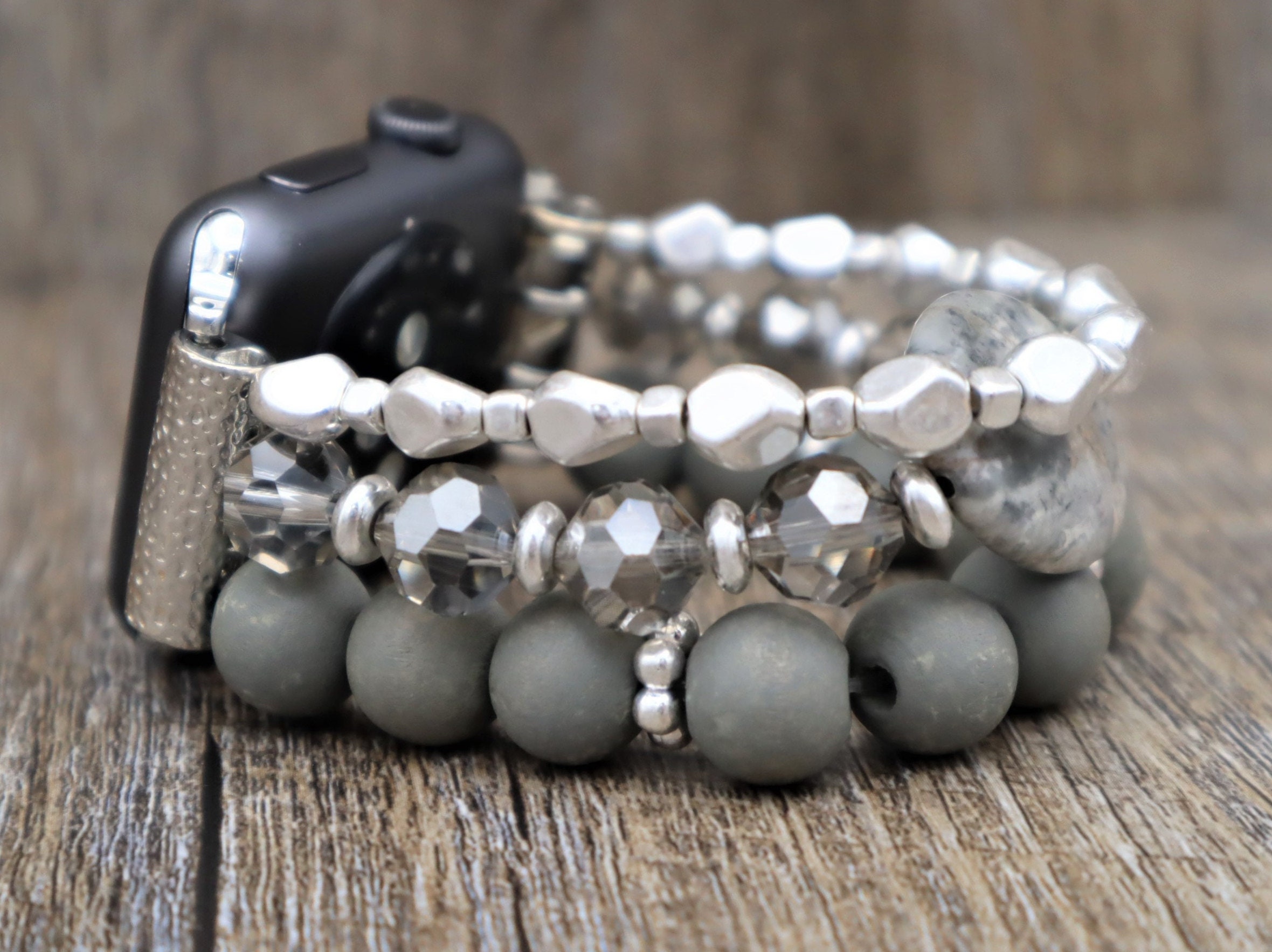 Handmade Crystals Gray Map Jasper Gemstones Wood Beads Apple Samsung Fitbit Google Pixel Watchband Custom Band Fitbit Versa 1 2 3 4 Sense 2