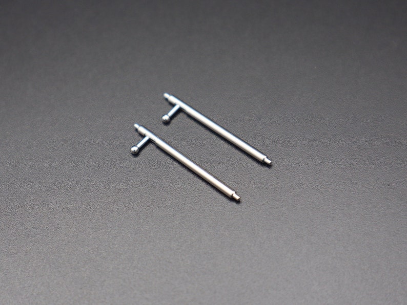 K&ouml;nnte beinhalten: Zwei silberne Federstege f&uuml;r ein Uhrenarmband, jeder mit einem kleinen runden Kopf an einem Ende und einem T-f&ouml;rmigen Ende am anderen.