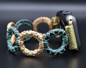Handmade Gold Colors Ring Apple Samsung Fitbit Watchband, Custom size Band 40mm 44mm.  Fitbit Versa 1-2, Stretchy band