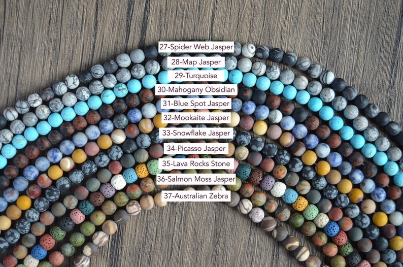 May include: A collection of 10 different types of gemstone beads, including Spider Web Jasper, Map Jasper, Turquoise, Mahogany Obsidian, Blue Spot Jasper, Mookaite Jasper, Snowflake Jasper, Picasso Jasper, Lava Rocks Stone, Salmon Moss Jasper, and Australian Zebra.