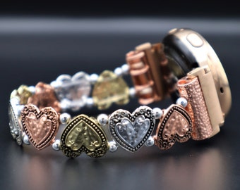 Handmade Three Colors Heart Shape XOXO Apple Samsung Fitbit Watchband, Custom size Samsung 4, Active 40mm 44mm. Versa 1-2-3, Stretchy band