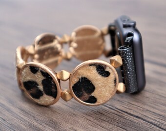 Handmade Animal Print Leather Band Apple Samsung Fitbit Watchband, Custom size Band 38mm 40mm 42mm 44mm.  Fitbit Versa 1-2, Stretchy band